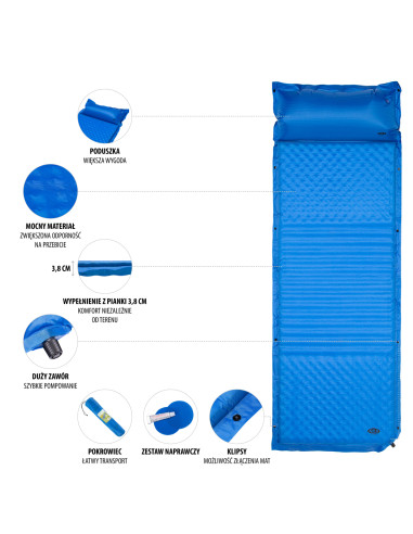 СИНЯ САМОНАДУВАЩА ПОСТИЛКА С ВЪЗГЛАВНИЦАТА NILS CAMP