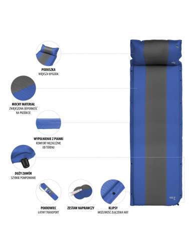 СИНЬО-СИВА САМОНАДУВАЩА ПОСТИЛКА С ВЪЗГЛАВНИЦА NILS CAMP