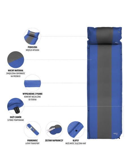 СИНЬО-СИВА САМОНАДУВАЩА ПОСТИЛКА С ВЪЗГЛАВНИЦА NILS CAMP