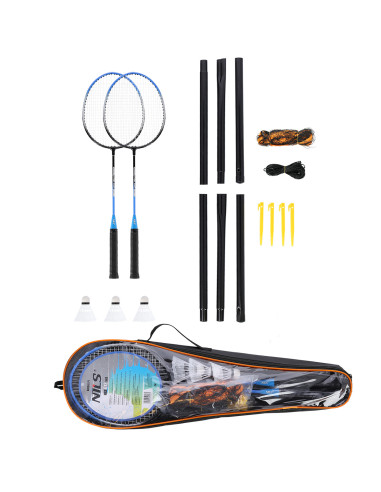 СТОМАНЕЕН КОМПЛЕКТ ЗА БАДМИНТОН С 2 ХИЛКИ + 3 ПЕТНА + МРЕЖА + ПРЕДПАЗНО ПОКРИВАНЕ NILS